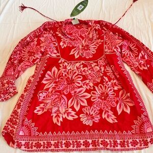 FARM Rio Linen Vibrant Red and Pink Floral Tunic Dress *NEW* L